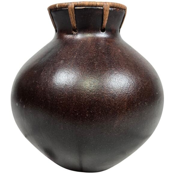 Vintage Dark Brown Gourd Vase Decorative Rustic Woven Neck Accent - Picture 1 of 8